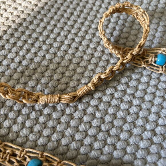 Macrame 16" Blue Glass Bead Necklace, Jewels, Handmade, Boho Style, Hippy Style - Picture 5 of 5